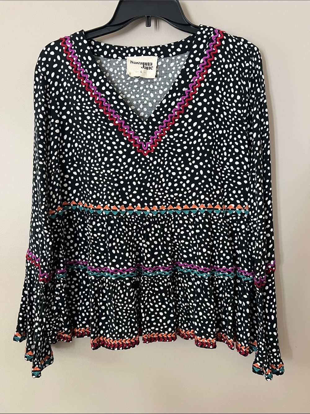 Savanna Jane Black & White Polka Dot Tunic with Magenta, Teal & Coral Trim